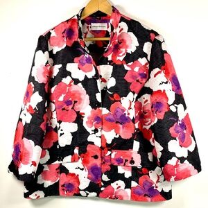 Alfred Dunner pink/black/purple/white floral spring button jacket grannycore
